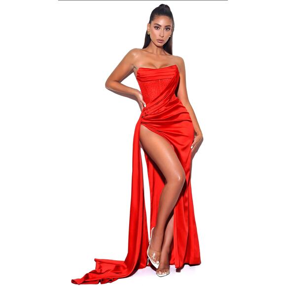 Miss Circle Red Crystalized Corset High Slit Sating Gown Dress - Picture 1 of 13
